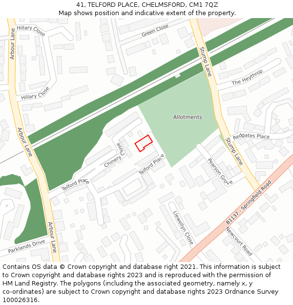 41, TELFORD PLACE, CHELMSFORD, CM1 7QZ: Location map and indicative extent of plot