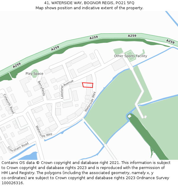 41, WATERSIDE WAY, BOGNOR REGIS, PO21 5FQ: Location map and indicative extent of plot