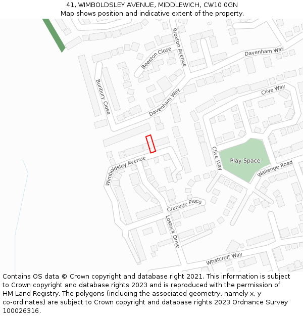 41, WIMBOLDSLEY AVENUE, MIDDLEWICH, CW10 0GN: Location map and indicative extent of plot