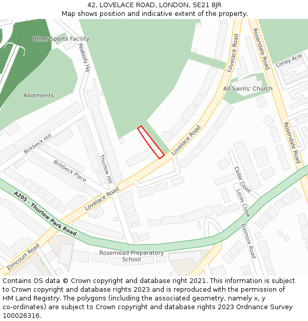 42, LOVELACE ROAD, LONDON, SE21 8JR: Location map and indicative extent of plot