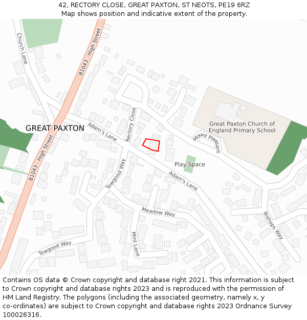 42, RECTORY CLOSE, GREAT PAXTON, ST NEOTS, PE19 6RZ: Location map and indicative extent of plot