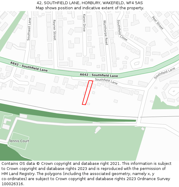 42, SOUTHFIELD LANE, HORBURY, WAKEFIELD, WF4 5AS: Location map and indicative extent of plot