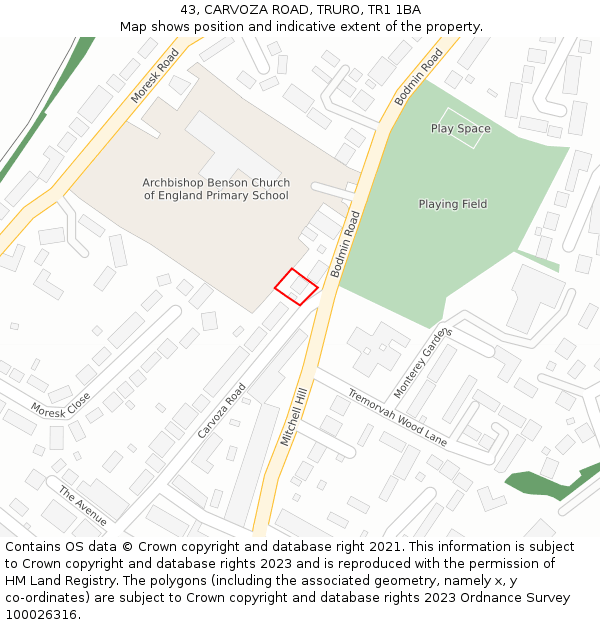 43, CARVOZA ROAD, TRURO, TR1 1BA: Location map and indicative extent of plot