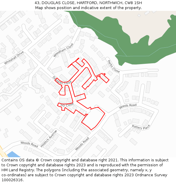 43, DOUGLAS CLOSE, HARTFORD, NORTHWICH, CW8 1SH: Location map and indicative extent of plot