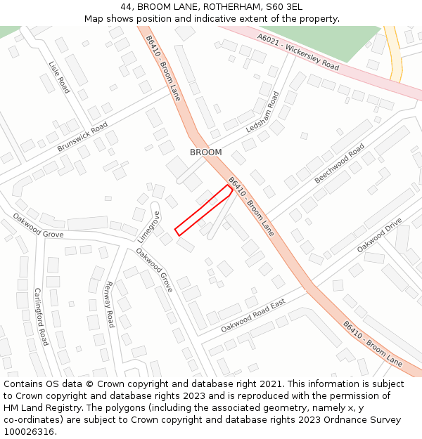 44, BROOM LANE, ROTHERHAM, S60 3EL: Location map and indicative extent of plot