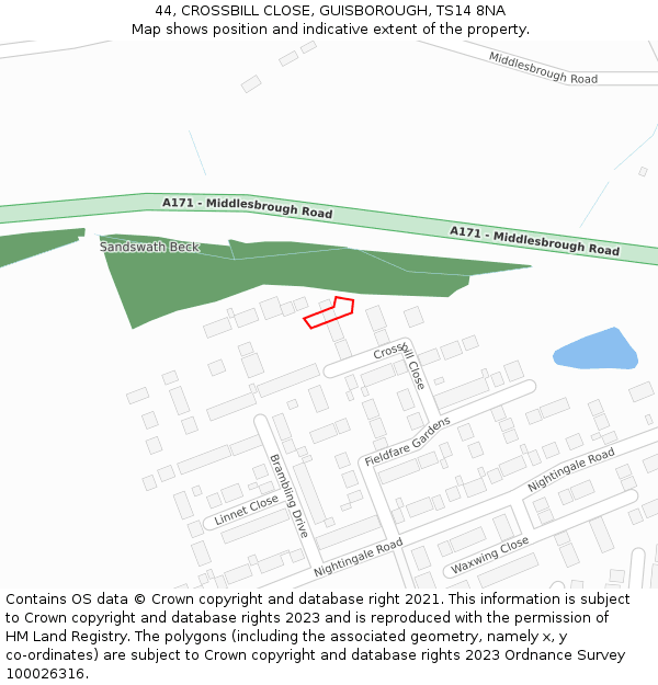 44, CROSSBILL CLOSE, GUISBOROUGH, TS14 8NA: Location map and indicative extent of plot