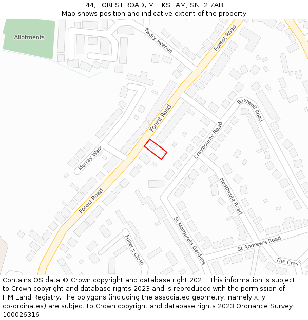 44, FOREST ROAD, MELKSHAM, SN12 7AB: Location map and indicative extent of plot