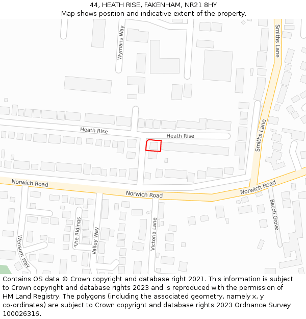 44, HEATH RISE, FAKENHAM, NR21 8HY: Location map and indicative extent of plot