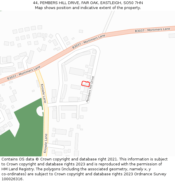 44, PEMBERS HILL DRIVE, FAIR OAK, EASTLEIGH, SO50 7HN: Location map and indicative extent of plot