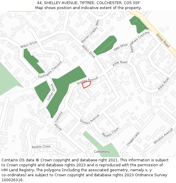 44, SHELLEY AVENUE, TIPTREE, COLCHESTER, CO5 0SF: Location map and indicative extent of plot