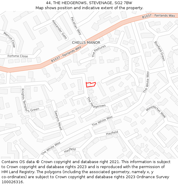 44, THE HEDGEROWS, STEVENAGE, SG2 7BW: Location map and indicative extent of plot