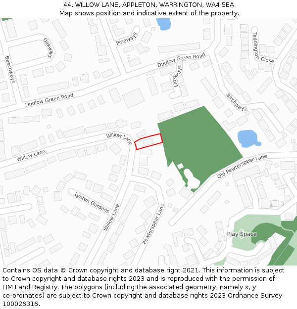 44, WILLOW LANE, APPLETON, WARRINGTON, WA4 5EA: Location map and indicative extent of plot