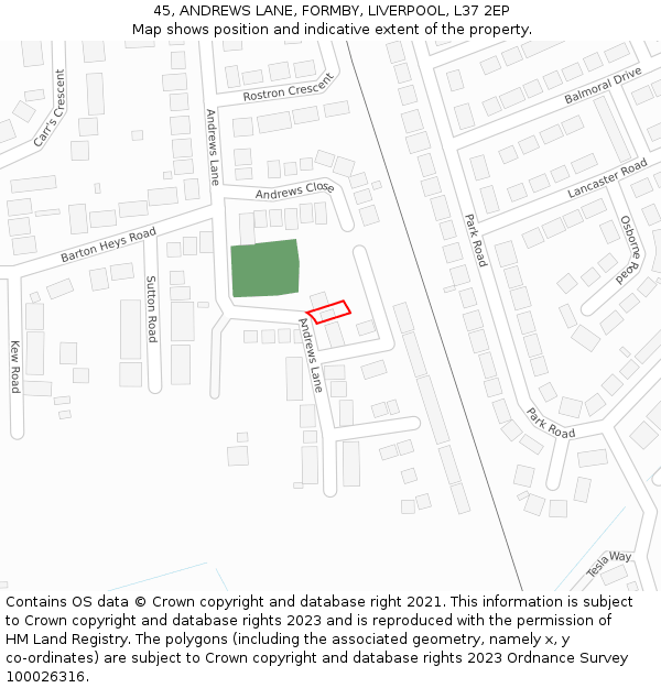 45, ANDREWS LANE, FORMBY, LIVERPOOL, L37 2EP: Location map and indicative extent of plot