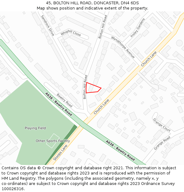 45, BOLTON HILL ROAD, DONCASTER, DN4 6DS: Location map and indicative extent of plot