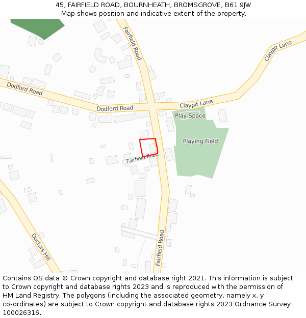 45, FAIRFIELD ROAD, BOURNHEATH, BROMSGROVE, B61 9JW: Location map and indicative extent of plot