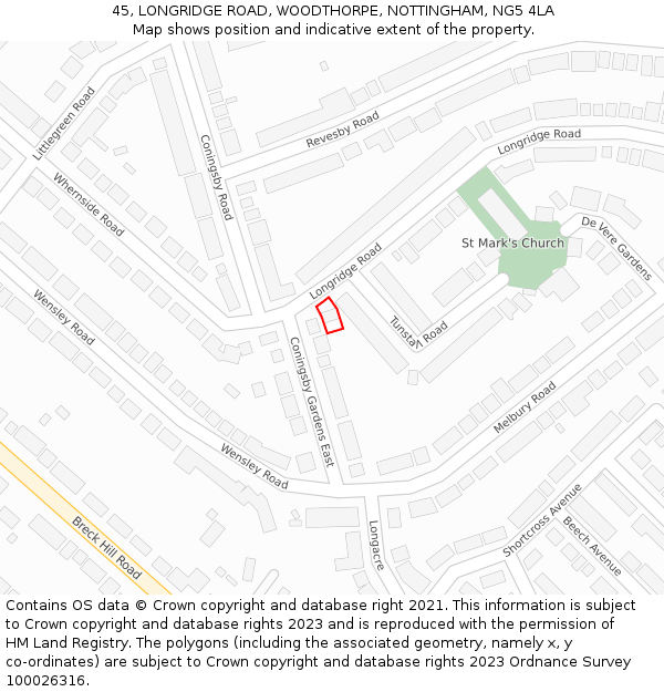 45, LONGRIDGE ROAD, WOODTHORPE, NOTTINGHAM, NG5 4LA: Location map and indicative extent of plot