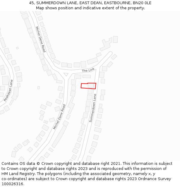 45, SUMMERDOWN LANE, EAST DEAN, EASTBOURNE, BN20 0LE: Location map and indicative extent of plot