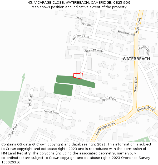 45, VICARAGE CLOSE, WATERBEACH, CAMBRIDGE, CB25 9QG: Location map and indicative extent of plot