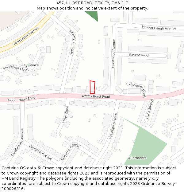 457, HURST ROAD, BEXLEY, DA5 3LB: Location map and indicative extent of plot