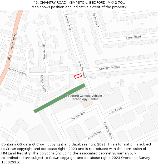 46, CHANTRY ROAD, KEMPSTON, BEDFORD, MK42 7QU: Location map and indicative extent of plot