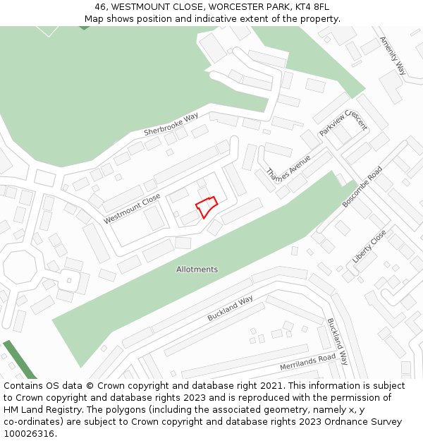 46, WESTMOUNT CLOSE, WORCESTER PARK, KT4 8FL: Location map and indicative extent of plot