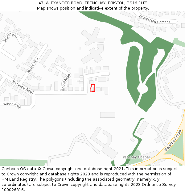 47, ALEXANDER ROAD, FRENCHAY, BRISTOL, BS16 1UZ: Location map and indicative extent of plot