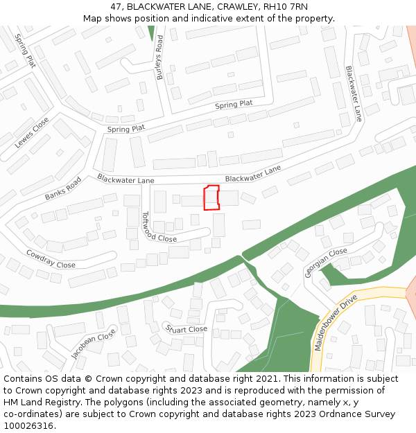 47, BLACKWATER LANE, CRAWLEY, RH10 7RN: Location map and indicative extent of plot