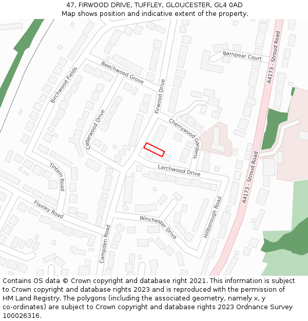 47, FIRWOOD DRIVE, TUFFLEY, GLOUCESTER, GL4 0AD: Location map and indicative extent of plot