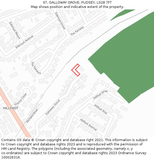 47, GALLOWAY GROVE, PUDSEY, LS28 7FT: Location map and indicative extent of plot