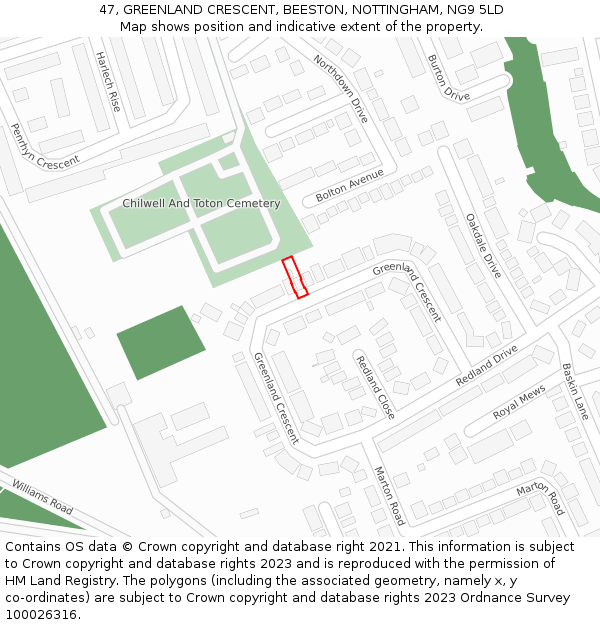 47, GREENLAND CRESCENT, BEESTON, NOTTINGHAM, NG9 5LD: Location map and indicative extent of plot