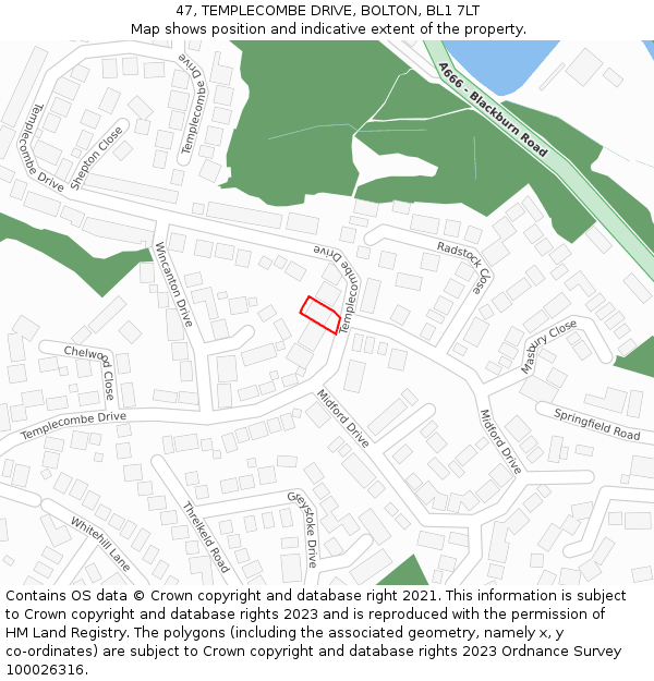 47, TEMPLECOMBE DRIVE, BOLTON, BL1 7LT: Location map and indicative extent of plot