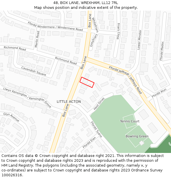 48, BOX LANE, WREXHAM, LL12 7RL: Location map and indicative extent of plot