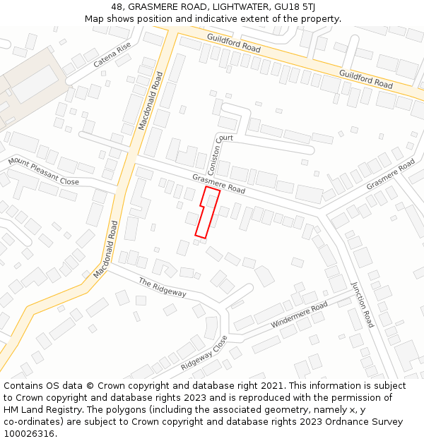 48, GRASMERE ROAD, LIGHTWATER, GU18 5TJ: Location map and indicative extent of plot