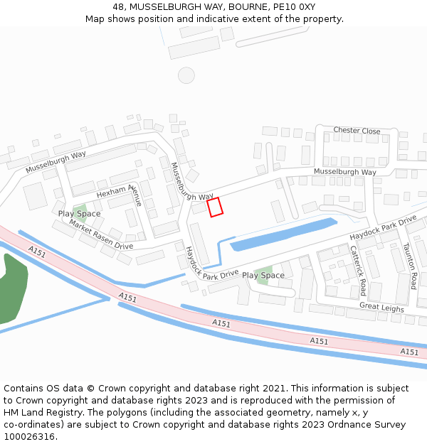 48, MUSSELBURGH WAY, BOURNE, PE10 0XY: Location map and indicative extent of plot