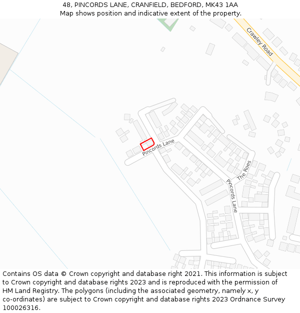 48, PINCORDS LANE, CRANFIELD, BEDFORD, MK43 1AA: Location map and indicative extent of plot