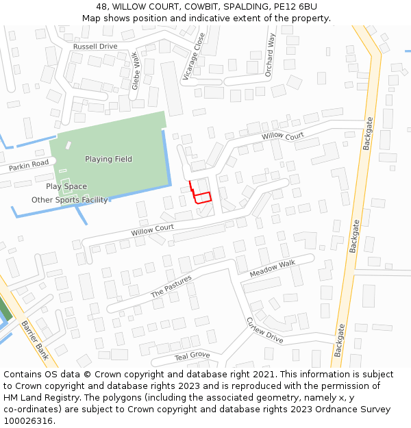 48, WILLOW COURT, COWBIT, SPALDING, PE12 6BU: Location map and indicative extent of plot