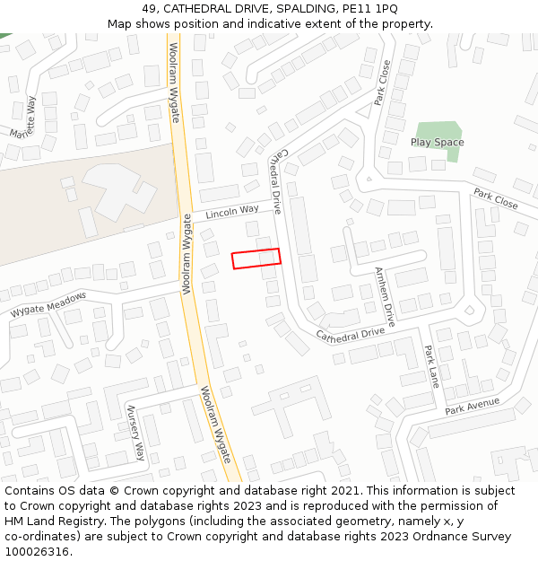 49, CATHEDRAL DRIVE, SPALDING, PE11 1PQ: Location map and indicative extent of plot