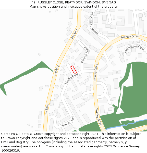 49, RUSSLEY CLOSE, PEATMOOR, SWINDON, SN5 5AG: Location map and indicative extent of plot