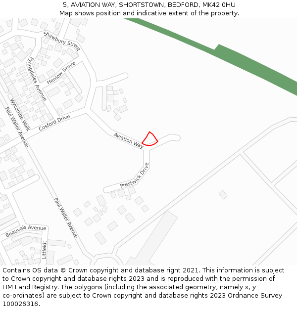 5, AVIATION WAY, SHORTSTOWN, BEDFORD, MK42 0HU: Location map and indicative extent of plot