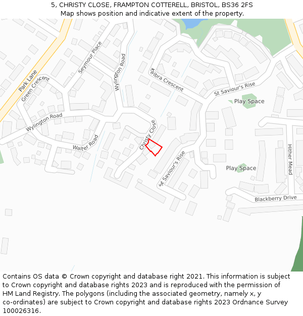 5, CHRISTY CLOSE, FRAMPTON COTTERELL, BRISTOL, BS36 2FS: Location map and indicative extent of plot