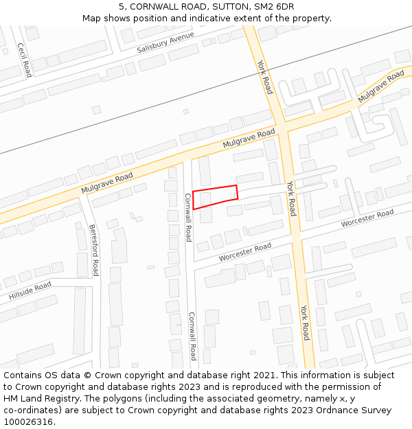 5, CORNWALL ROAD, SUTTON, SM2 6DR: Location map and indicative extent of plot