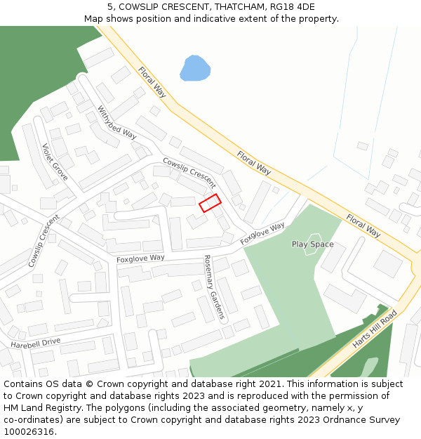 5, COWSLIP CRESCENT, THATCHAM, RG18 4DE: Location map and indicative extent of plot