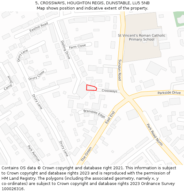 5, CROSSWAYS, HOUGHTON REGIS, DUNSTABLE, LU5 5NB: Location map and indicative extent of plot