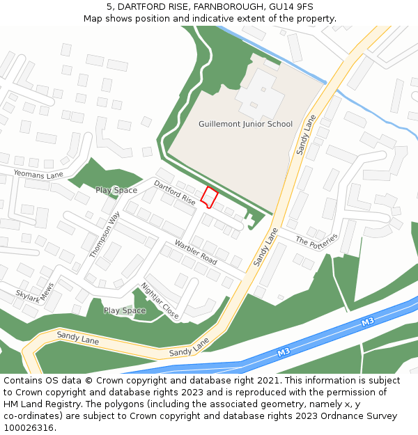 5, DARTFORD RISE, FARNBOROUGH, GU14 9FS: Location map and indicative extent of plot