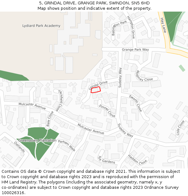 5, GRINDAL DRIVE, GRANGE PARK, SWINDON, SN5 6HD: Location map and indicative extent of plot