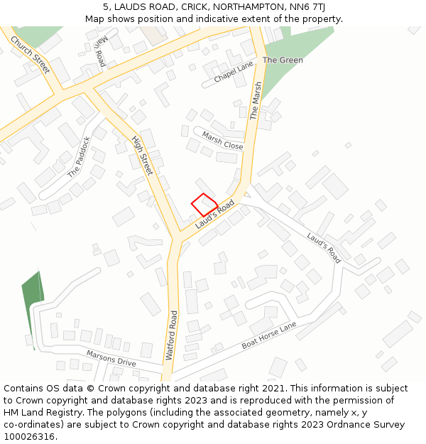 5, LAUDS ROAD, CRICK, NORTHAMPTON, NN6 7TJ: Location map and indicative extent of plot