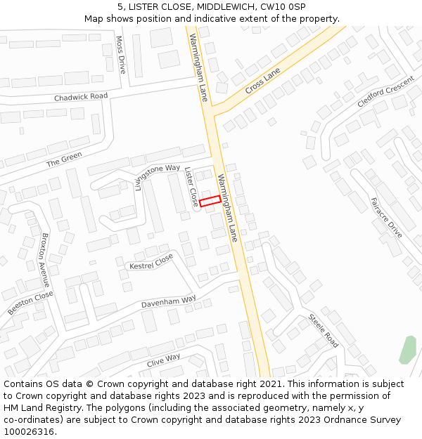 5, LISTER CLOSE, MIDDLEWICH, CW10 0SP: Location map and indicative extent of plot