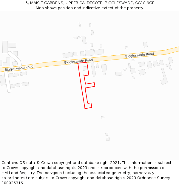 5, MAISIE GARDENS, UPPER CALDECOTE, BIGGLESWADE, SG18 9GF: Location map and indicative extent of plot