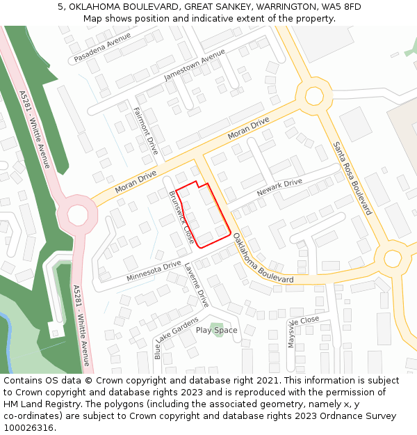 5, OKLAHOMA BOULEVARD, GREAT SANKEY, WARRINGTON, WA5 8FD: Location map and indicative extent of plot