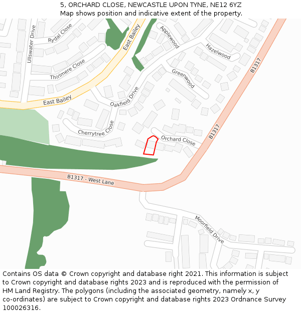 5, ORCHARD CLOSE, NEWCASTLE UPON TYNE, NE12 6YZ: Location map and indicative extent of plot